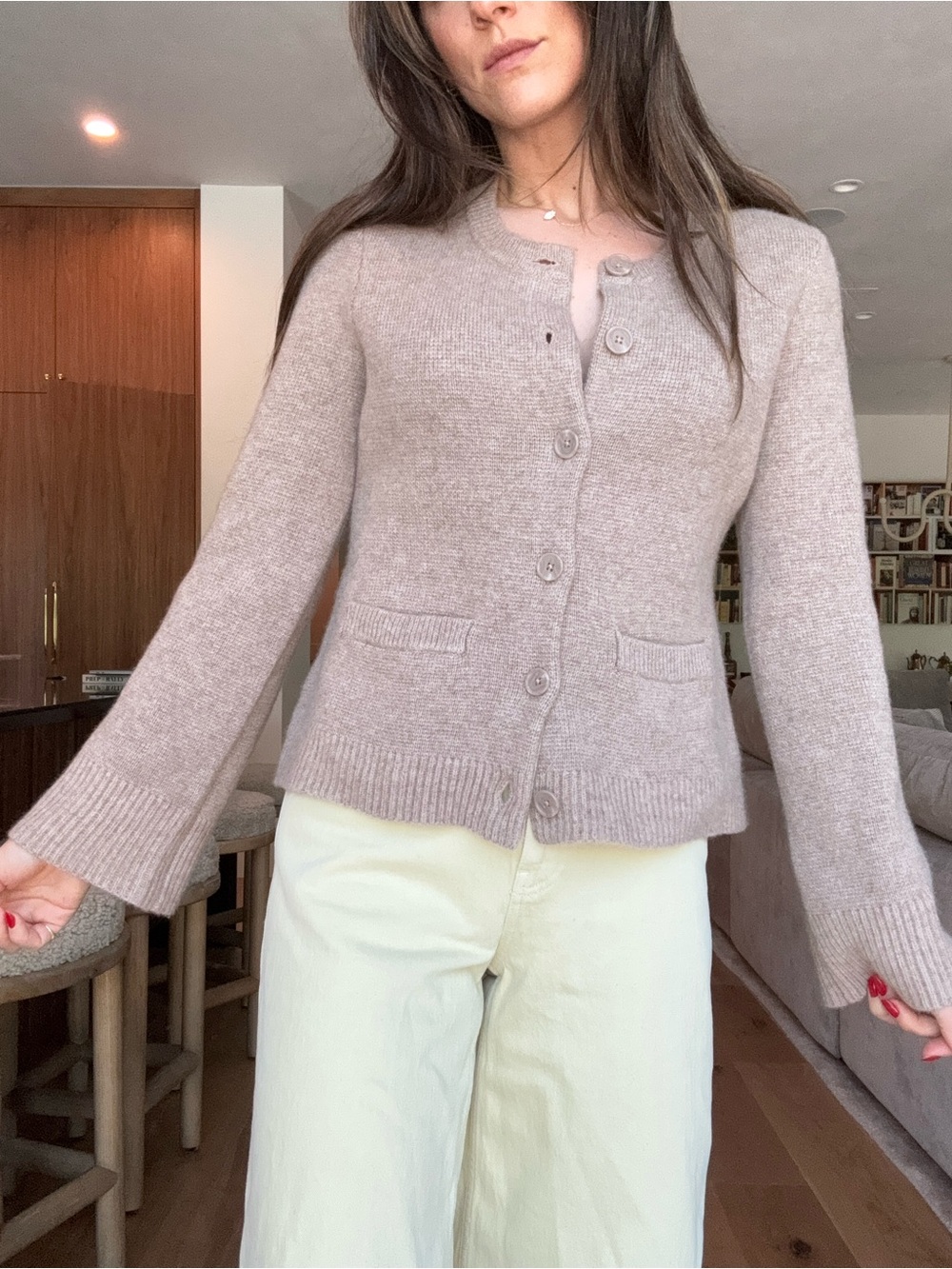 Quince Taupe Button-Up Knit Cardigan